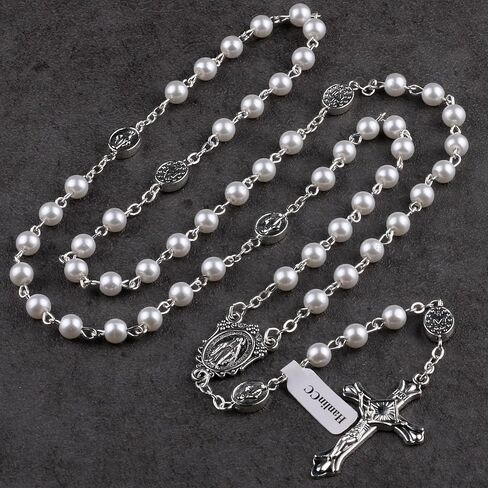 Glass Pearl Beads Catholic Rosary Necklace for Women with Gold Miraculous Gift Box in Kuwait