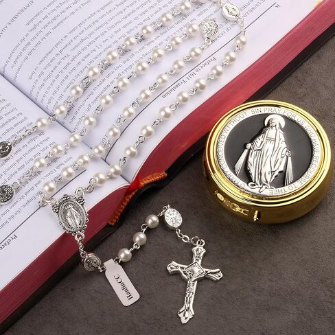Glass Pearl Beads Catholic Rosary Necklace for Women with Gold Miraculous Gift Box in Kuwait