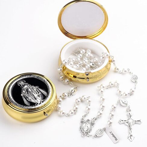 Glass Pearl Beads Catholic Rosary Necklace for Women with Gold Miraculous Gift Box in Kuwait