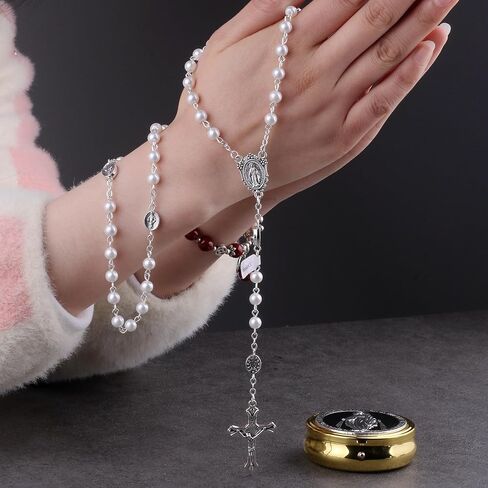 Glass Pearl Beads Catholic Rosary Necklace for Women with Gold Miraculous Gift Box in Kuwait