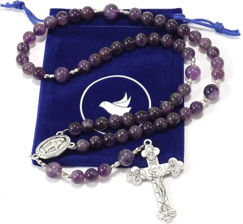 Exquisite Handmade Catholic Rosary Beads with Miraculous Medal and Holy Trinity Crucifix – 8mm Decade Beads – 10mm Mystery Glass Beads - for Men, Women and Children in Saudi Arabia