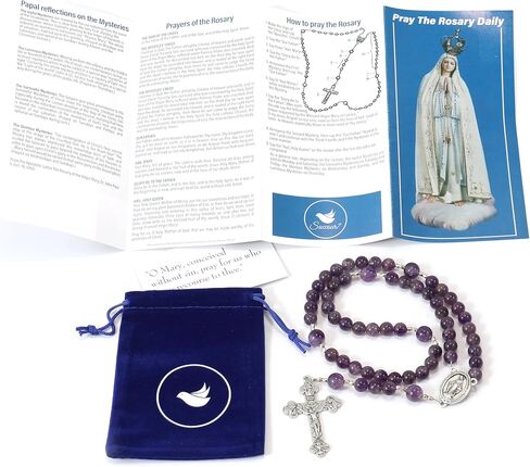Exquisite Handmade Catholic Rosary Beads with Miraculous Medal and Holy Trinity Crucifix – 8mm Decade Beads – 10mm Mystery Glass Beads - for Men, Women and Children in Saudi Arabia