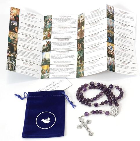 Exquisite Handmade Catholic Rosary Beads with Miraculous Medal and Holy Trinity Crucifix – 8mm Decade Beads – 10mm Mystery Glass Beads - for Men, Women and Children in Saudi Arabia
