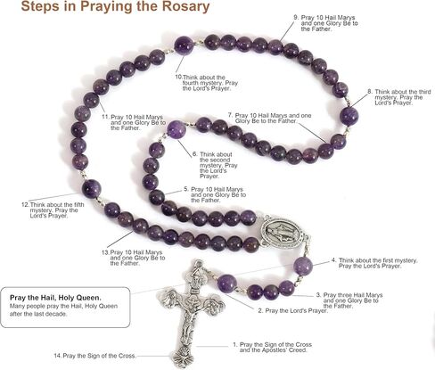 Exquisite Handmade Catholic Rosary Beads with Miraculous Medal and Holy Trinity Crucifix – 8mm Decade Beads – 10mm Mystery Glass Beads - for Men, Women and Children in Saudi Arabia