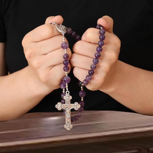 Exquisite Handmade Catholic Rosary Beads with Miraculous Medal and Holy Trinity Crucifix – 8mm Decade Beads – 10mm Mystery Glass Beads - for Men, Women and Children in Saudi Arabia
