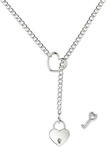 Slip Chain Necklace for Women Heart O-Ring Chain Necklace Long Cuban Chain Necklace Adjustable Lariat Y-Necklace Heart Locker With Key in Saudi Arabia