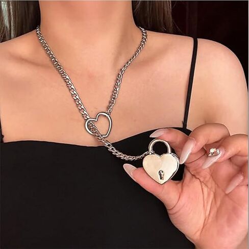 Slip Chain Necklace for Women Heart O-Ring Chain Necklace Long Cuban Chain Necklace Adjustable Lariat Y-Necklace Heart Locker With Key in Saudi Arabia