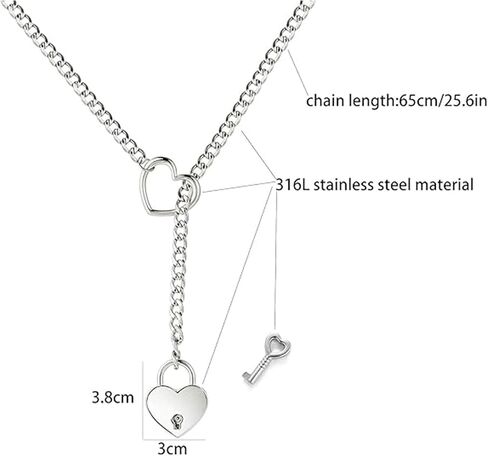 Slip Chain Necklace for Women Heart O-Ring Chain Necklace Long Cuban Chain Necklace Adjustable Lariat Y-Necklace Heart Locker With Key in Saudi Arabia