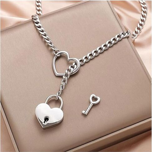 Slip Chain Necklace for Women Heart O-Ring Chain Necklace Long Cuban Chain Necklace Adjustable Lariat Y-Necklace Heart Locker With Key in Saudi Arabia