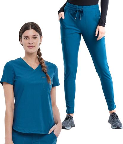 Cherokee Scrub Set for Women, 6 Pockets with Tuckable V-Neck Top CK819 & Mid Rise Tapered Leg Drawstring Scrub Pant - CK095, Caribbean Blue- L Top/L Petite Pant in Saudi Arabia