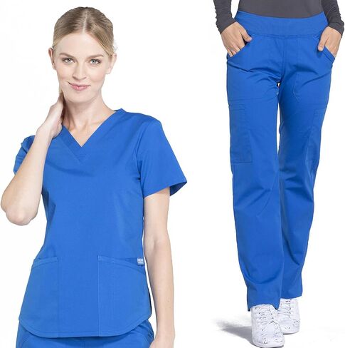 Women Scrubs Set Workwear Professionals WW665 V-Neck Top & WW170P Mid Rise Straight Leg Pull-on Cargo Pant, Royal- L Top/L Petite Pant in Saudi Arabia