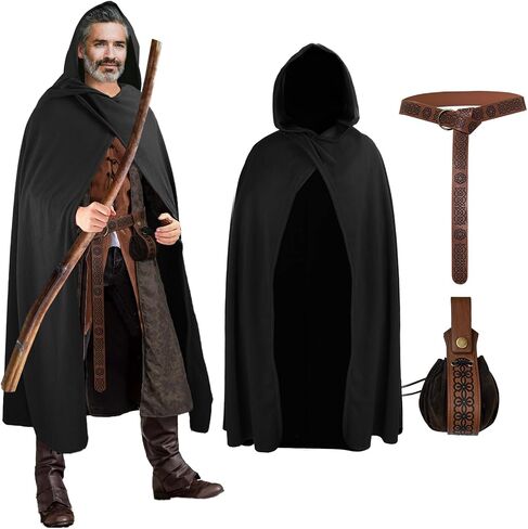 Medieval Hooded Cloak Renaissance Cloak with Hood Men Halloween Hobbit Cloak with Faux Leather Arm Pouch Belt in Saudi Arabia
