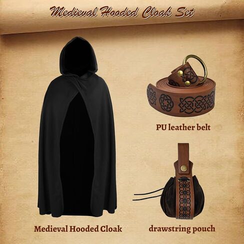 Medieval Hooded Cloak Renaissance Cloak with Hood Men Halloween Hobbit Cloak with Faux Leather Arm Pouch Belt in Saudi Arabia