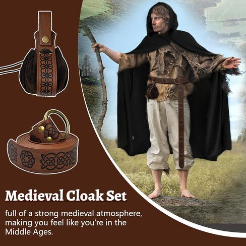 Medieval Hooded Cloak Renaissance Cloak with Hood Men Halloween Hobbit Cloak with Faux Leather Arm Pouch Belt in Saudi Arabia