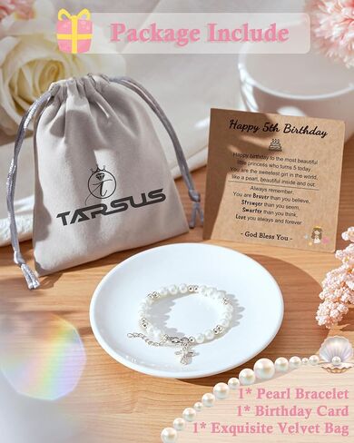 Tarsus Happy Birthday Gifts for Girls, 4 5 6 10 Year Old, White Pearl Cross Bracelet for Daughter Niece Granddaughter Girls Birthday Ideas in Saudi Arabia