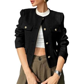 Cicy Bell Womens Cropped Tweed Blazer Jackets Collarless Button Down Business Casual Outfits with Pockets