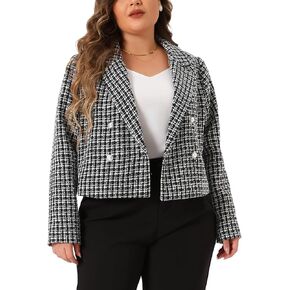 Agnes Orinda Plus Size Plaid Tweed Blazers for Women Notched Lapel Long Sleeve Elegant Office Crop Jacket in Kuwait