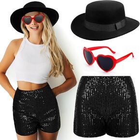 3 Pcs Halloween Singer Costume Black Bowler Hat Heart Sunglasses Shorts for Costume Party Music Festival Concert