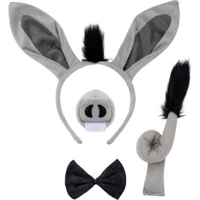 4 Pack Donkey Costume Set Donkey Ears Headband Nose Tail Bowtie Animal Headwear Adult Halloween Party Accessories