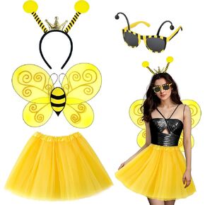 Bee Costume Accessories, Bee Costume Adult Women with Bee Wings Antenna Headband Bee Galsses Yellow Tutu for Girls