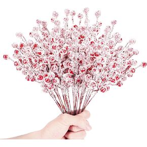 24Pcs Artificial Berry Picks Snow Sprays Christmas Frosted Holly Berry Stems Twigs Winter Branches for for Christmas Tree Fillers Decor Holiday Arrangement Wreaths Garland Crafts DIY Ornaments (Red)