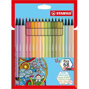 STABILO Premium Fiber-Tip Pen Pen 68 - Pack of 18 - Assorted Colors - Coloring Felt Tip Marker, Fine Point, 1mm Medium Tip, Watercolor Effects