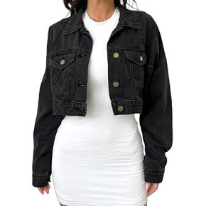 Women's Button Down Jacket Long Sleeve Cropped Top Denim Jeans Coat