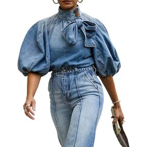 Women's Bow Design Denim Pullover Top Button Up High Neck Fashionable Jacket With Elastic And Puff Sleeves