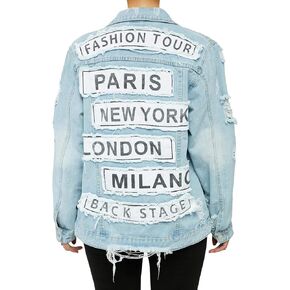 Women's Letter Patchwork Long Sleeve Ripped Jean Jacket Sexy V Neck Loose Printed Distressed Denim Outfits