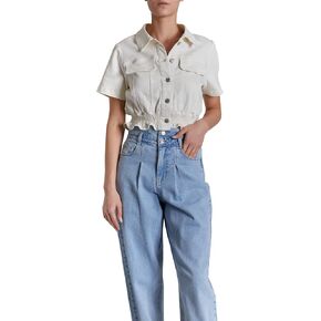 O A T NEW YORK Women's Luxury Clothing Cropped Short Sleeve Denim Jackets with Elastic Waists, Comfortable & Stylish Coats