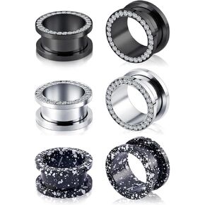 6pcs CZ Ear Gauges Double Flare Ear Tunnels Plugs Classic Design Black Silver Gauge Earrings Stretchers Expanders Piercing Jewelry 2g-5/8 inch
