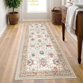 Washable Runner Rugs for Entryway, 2x6 Cream Rug Runners for Hallways 6 Feet Non Slip, Kitchen Runner Rug, Vintage Bathroom Runner Floral Carpet Runner for Bedroom Laundry Room Bedside