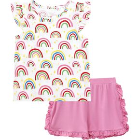 Toddler Kid Girls Summer Outfits Ruffle Sleeve T-Shirt Top and Shorts 2 Piece Clothes Set, Viscose Made from Bamboo