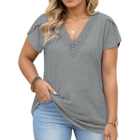 DOLNINE Women Plus Size Tops Summer Lace V Neck Tunics Petal Short Sleeve Loose Shirts