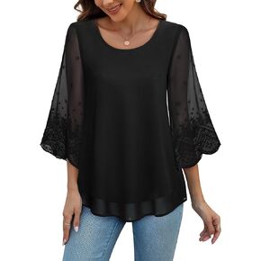 Women's Blouses Bell Sleeve Double Layers Casual Round Neck Embroidered Elegant Chiffon Tunic Top
