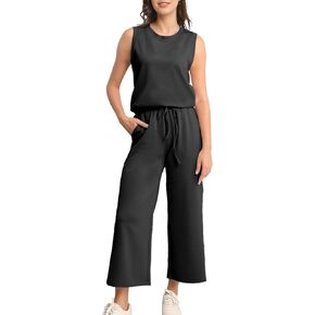 Womens 2 Piece Outfits Sleeveless Tunic Tank Top Drawstring High Waist Wide Leg Pants Lounge Sets for Women Tracksuit