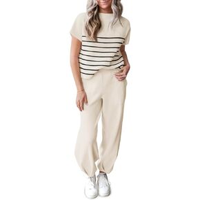 Tankaneo Women's 2 Piece Outfits Knit Pullover Striped Short Sleeve Sweater Tops and Pants Lounge Matching Sweatsuit Sets