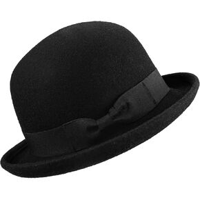 Women Men Classic-Wool-Bowel Hats Roll-up Brim Black Derby Fedora Cap （Size:S/M）