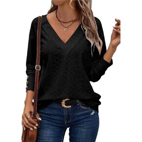 Halife Women's V Neck Long Sleeve Tops Dressy Casual Fall Shirts Eyelet Embroidery Loose Blouses Trendy Clothes