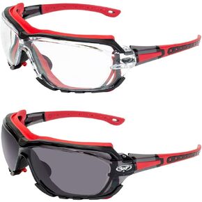 Global Vision 2 Pair Octane Sport Motorcycle Riding Safety Glasses Red Gasket 1 with Clear Lens and 1 with Smoke Lens
