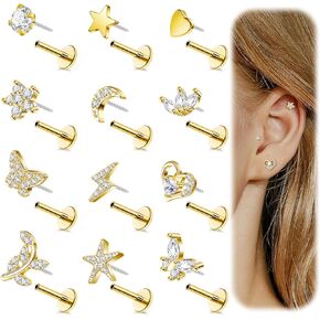 12Pcs 16G Threadless Cartilage Earrings Stud 14K Gold Plated Tragus Earrings for Women 316L Stainless Steel Flat Back Earrings Stud Helix Conch Cartilage Piercing Jewelry Set 6/8mm