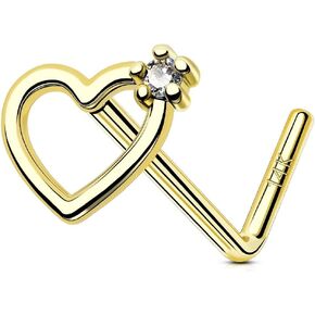 OUFER Gold Nose Rings, 14K Solid Gold Nose Studs, 20G Heart Nostril Nose Piercing Jewelry, L-Shaped Nose Rings Stud for Women