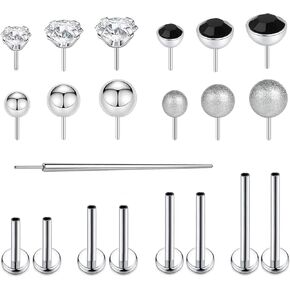 16G/18G Surgical Steel Push in Flat Back Earrings Stud Threadless CZ Nose Studs Rings Tragus Labret Cartilage Lip Medusa Conch Hypoallergenic Body Piercing Jewelry for Women Men