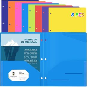 8 Pack Multicolor Plastic Two Pocket Folders 3 Holes and Card Slot, Heavy Duty Plastic Folders for School, Home, and Work Fit 3 Ring Binders