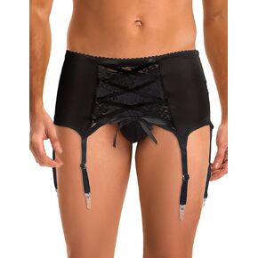 comeondear Men's Lace Sissy Panties Lingerie - High Waist Garter Belt for Thigh High Cross Lace Garter with Clips Bowtie