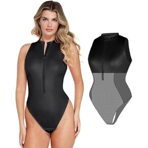 Popilush Shapewear Bodysuits Tummy Control for Women Leather Mock Neck Zip Up Sleeveless Bodysuit Womens Thong Tank Tops