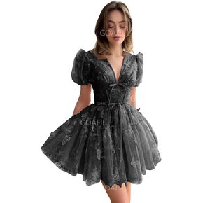 3D Butterflies Embroidery Tulle Homecoming Dresses for Teens V Neck Short Sleeve Short Cocktail Gowns