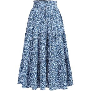 Women's High Elastic Waist Midi Skirt Casual Summer Trendy Tie Front Flowy Ruffle Floral Print A line Skirts 626