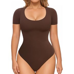 MANGOPOP Shapewear Bodysuits for Women Tummy Control Scoop Neck Short Sleeve Seamless Thong Compression body shaper Tops