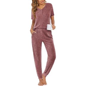 Ekouaer Pajama Sets for Womens Rib Knit Lounge Set Jogger Pants Short Sleeve Sleepwear 2 Piece Outfits Set with Pockets
